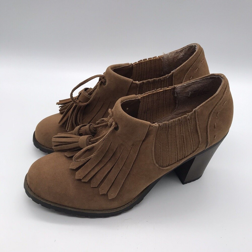 Ruff Hewn Ginger Suede Heeled Bootie Woman's 8.5M Kiltie Tasseled Slip On Shoes